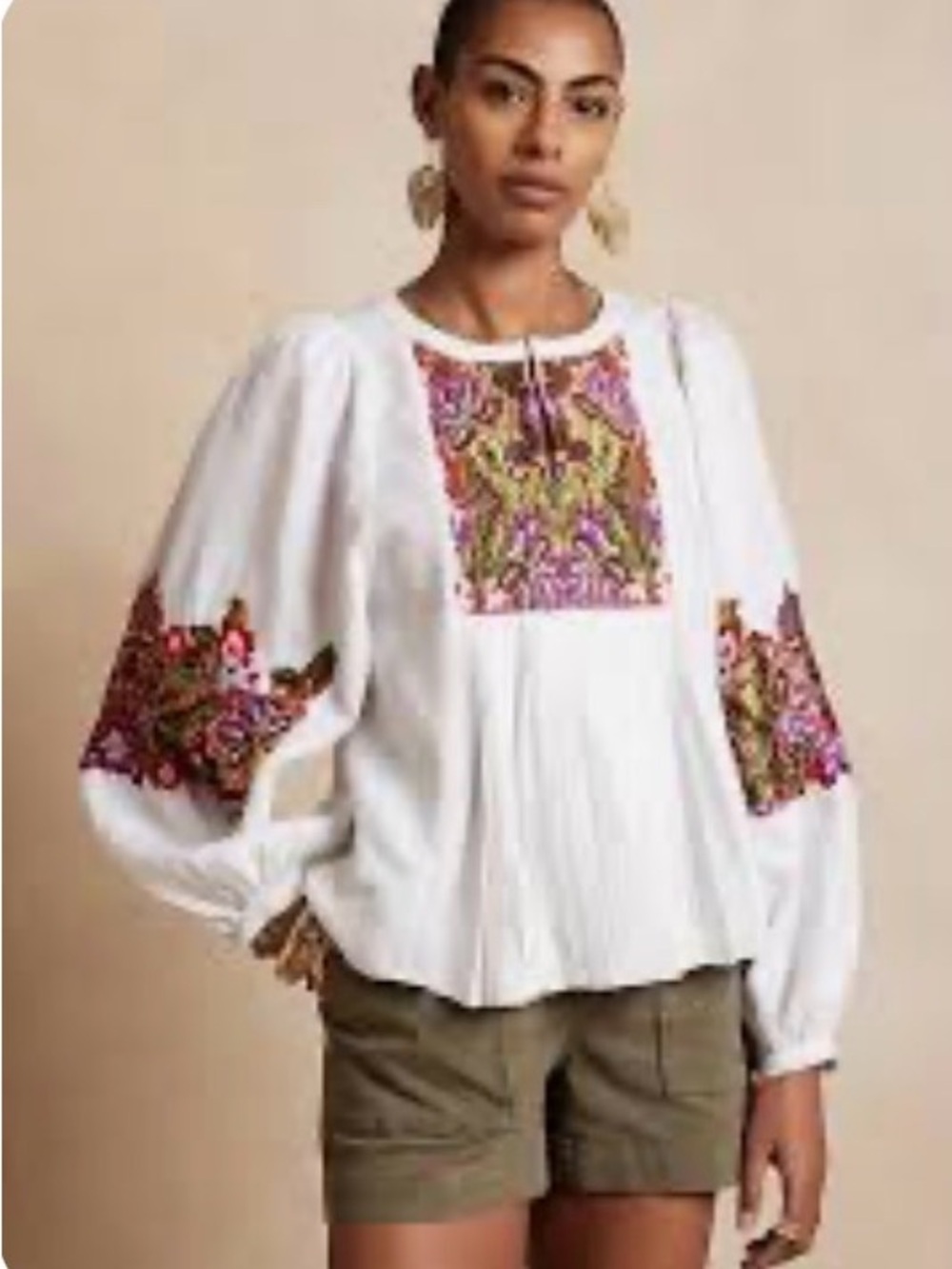 Banana Republic Linen White Boho Top with Multicolor Embroidery Size Medium